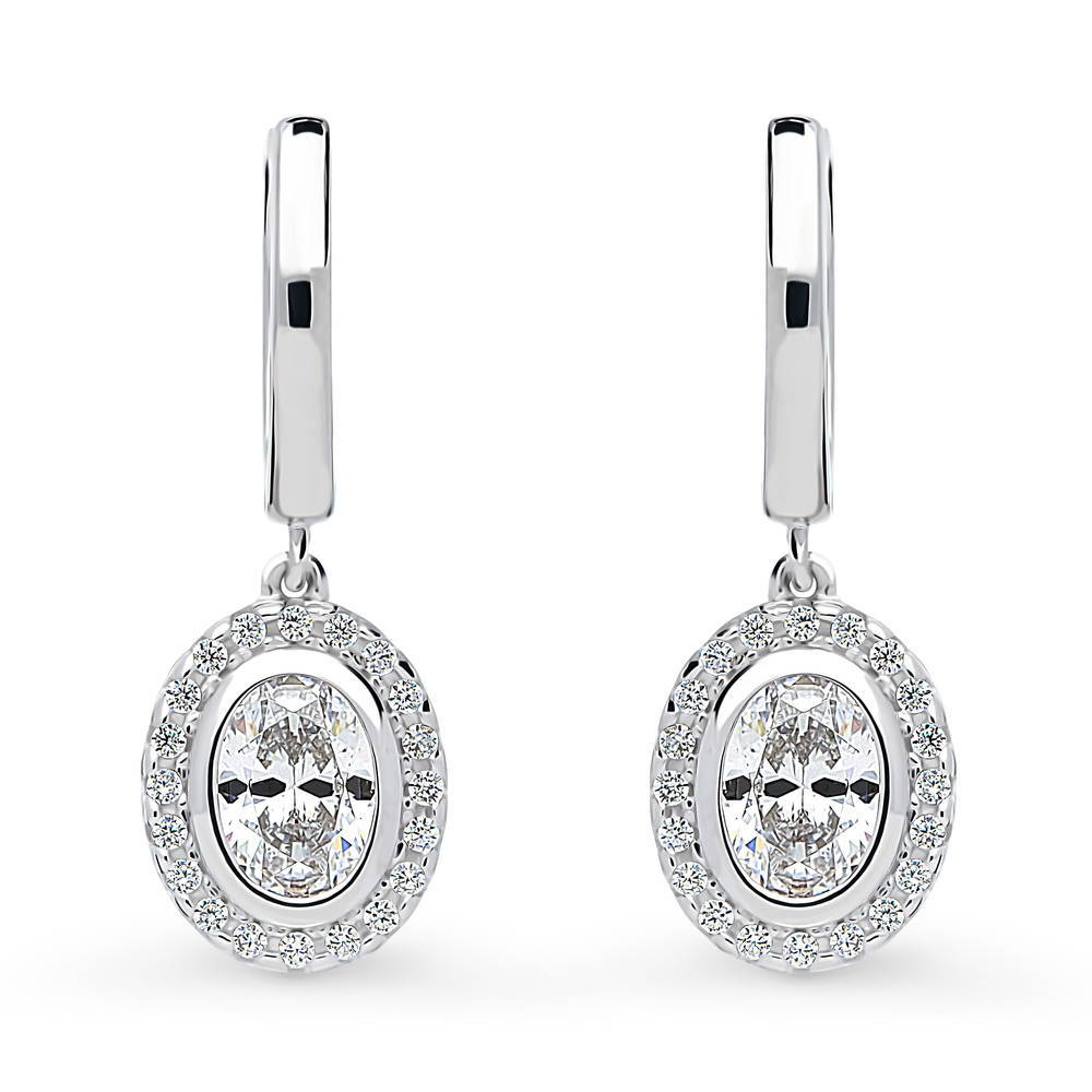 Halo Oval CZ Dangle Earrings in Sterling Silver