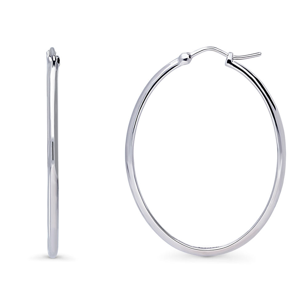 Oval Dome Large Hoop Earrings in Sterling Silver 1.65"