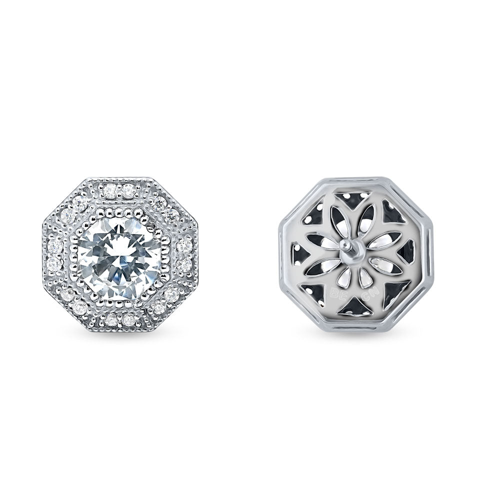 Front view of Halo Milgrain Octagon Sun CZ Stud Earrings in Sterling Silver, 4 of 5