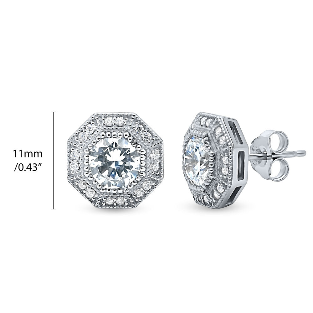 Angle view of Halo Milgrain Octagon Sun CZ Stud Earrings in Sterling Silver, 5 of 5