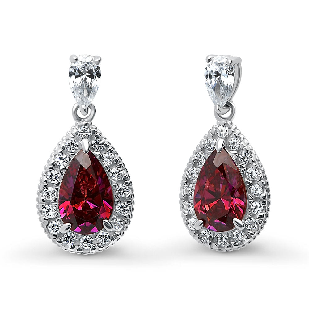 Halo Red Pear CZ Necklace and Earrings Set in Sterling Silver, 4 of 10