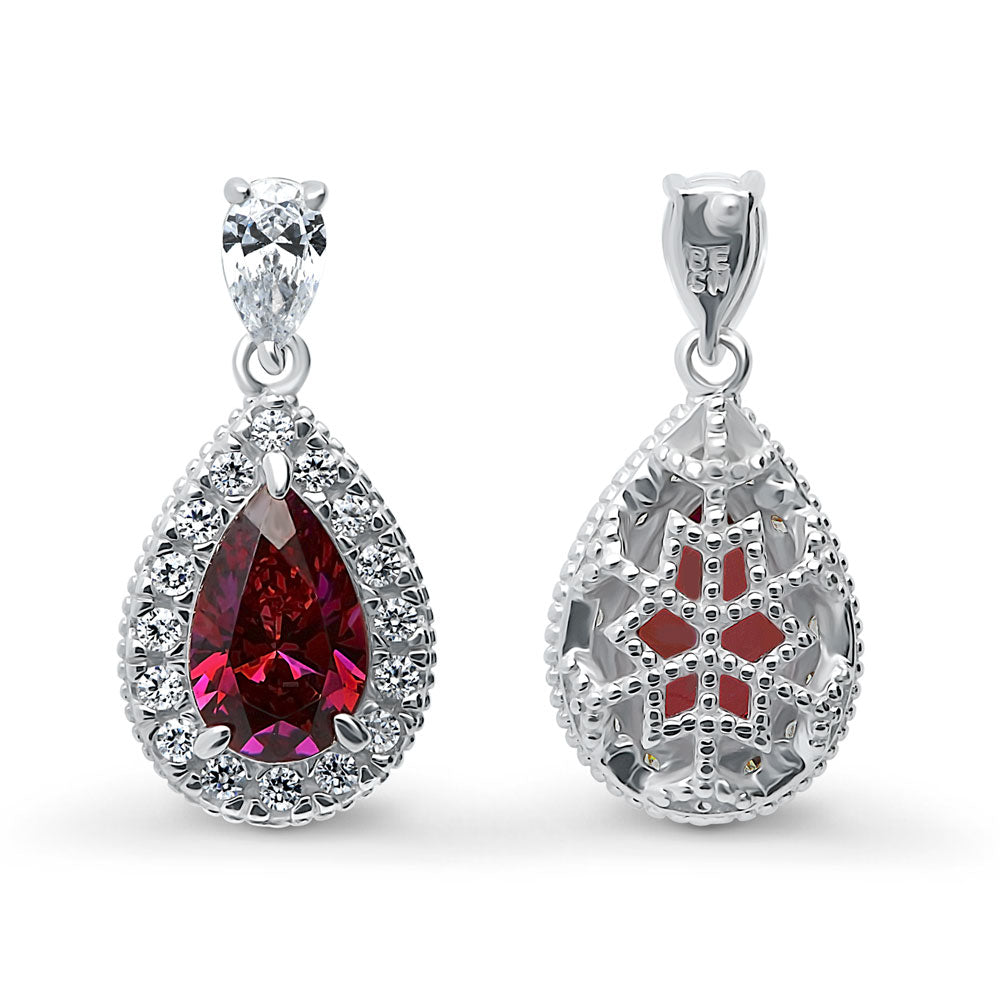 Front view of Halo Red Pear CZ Necklace and Earrings Set in Sterling Silver, 7 of 10