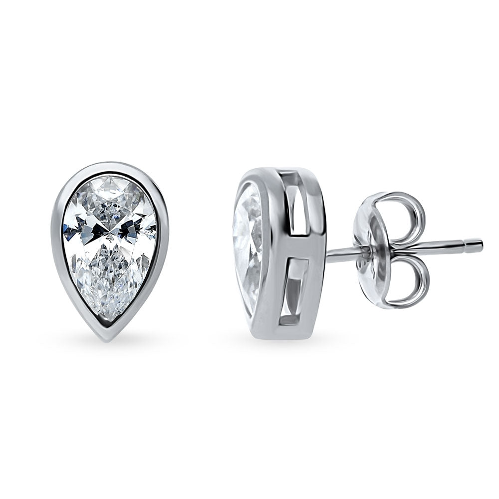 Solitaire Bezel Set Pear CZ Stud Earrings in Sterling Silver 1.6ct, 1 of 6