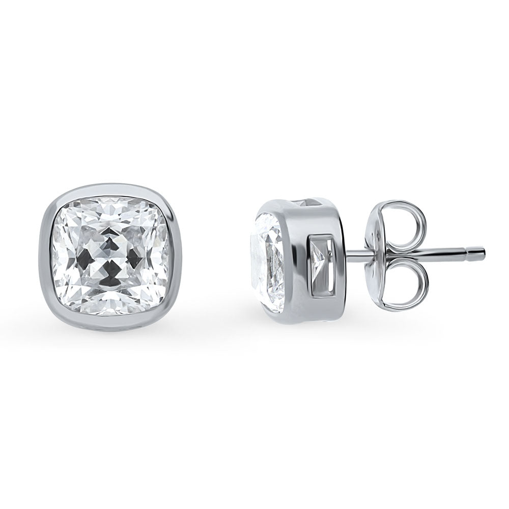Solitaire Bezel Set Cushion CZ Stud Earrings in Sterling Silver 2.5ct