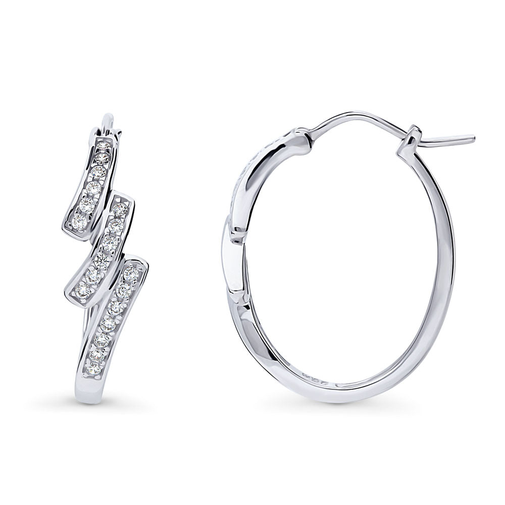 Oval Bypass CZ Medium Hoop Earrings in Sterling Silver 0.96"