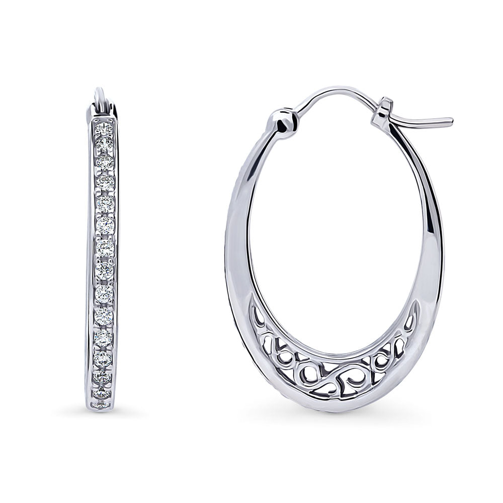 Oval Bar CZ Medium Hoop Earrings in Sterling Silver 1"