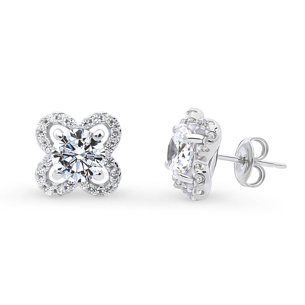 Flower Halo CZ Stud Earrings in Sterling Silver