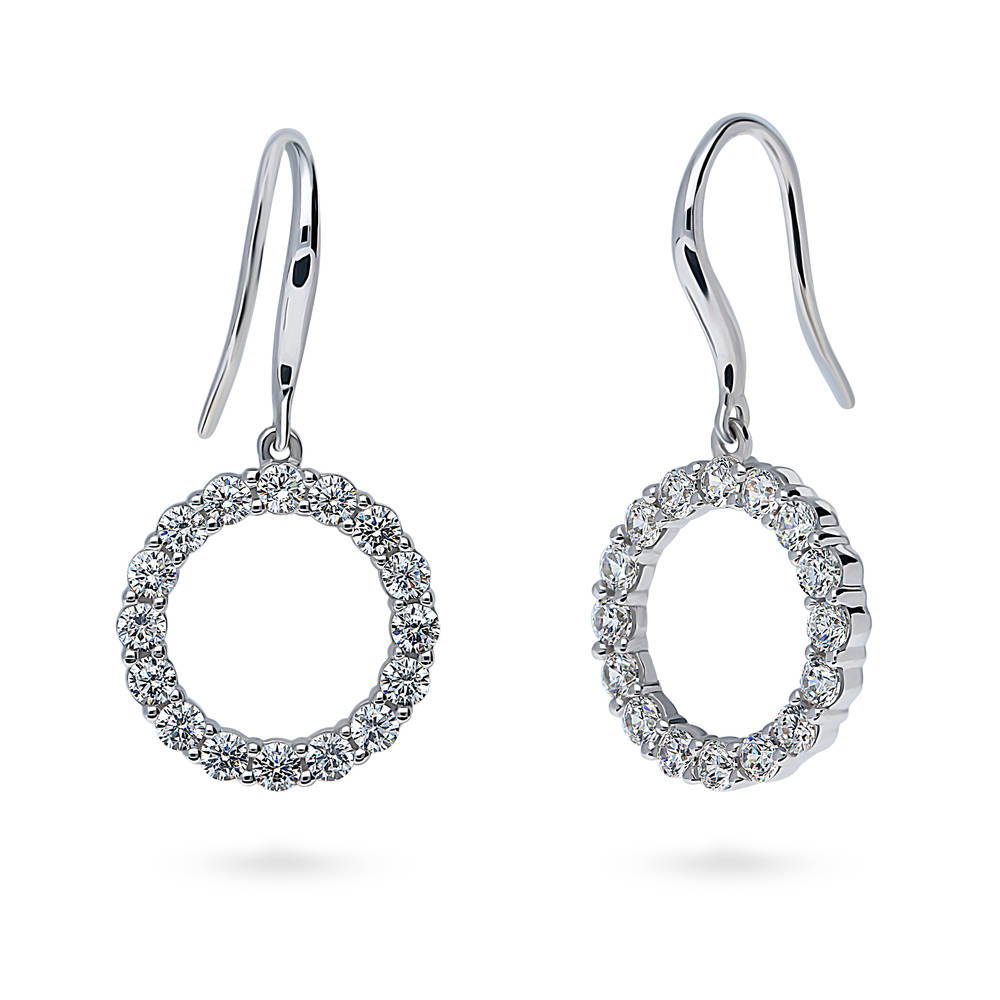 Open Circle CZ Fish Hook Dangle Earrings in Sterling Silver