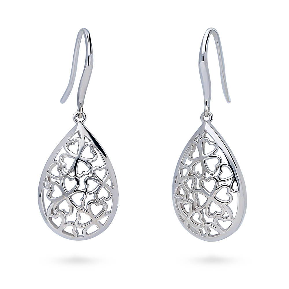 Clover Teardrop Fish Hook Dangle Earrings in Sterling Silver