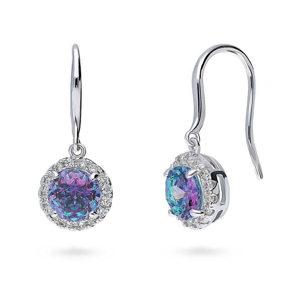 Halo Kaleidoscope Round CZ Fish Hook Dangle Earrings in Sterling Silver