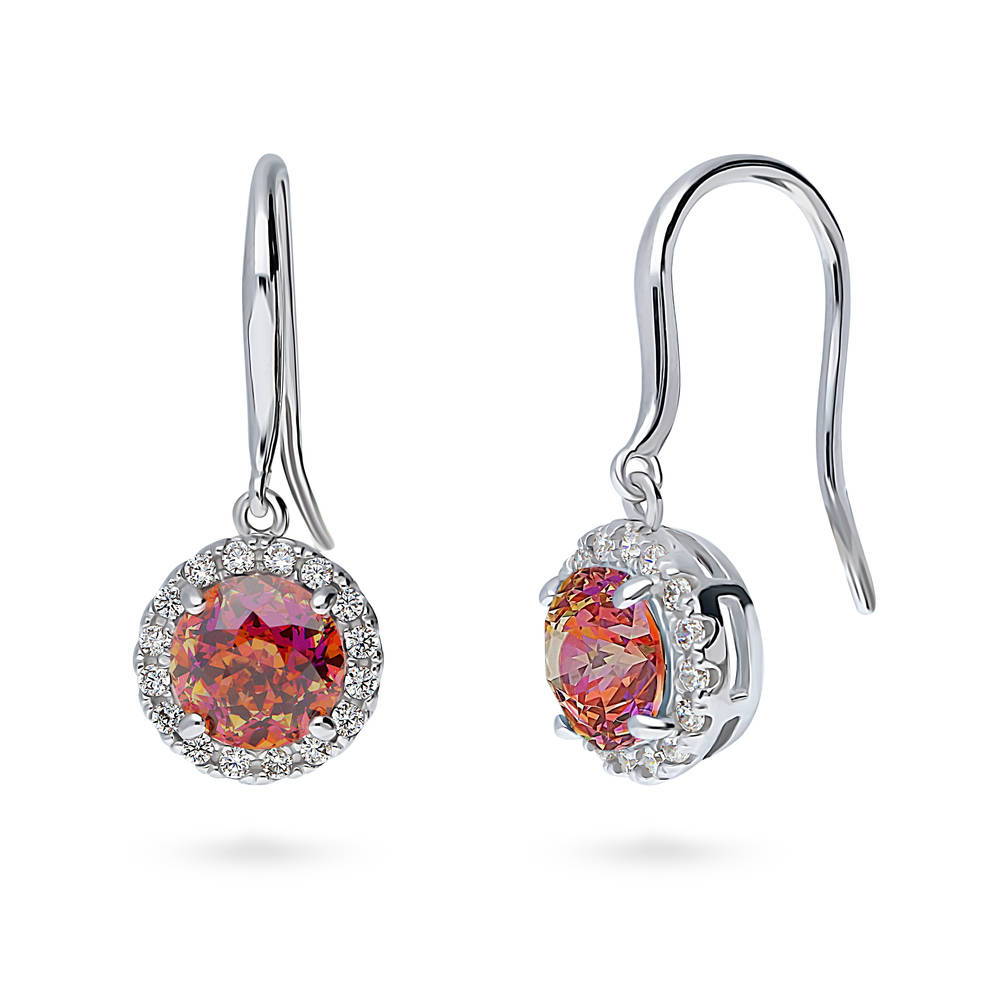 Halo Kaleidoscope Round CZ Fish Hook Dangle Earrings in Sterling Silver