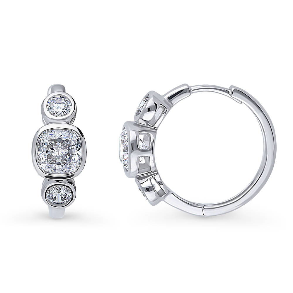 Front view of 3-Stone Cushion CZ Necklace and Hoop Earrings Set in Sterling Silver, 8 of 11