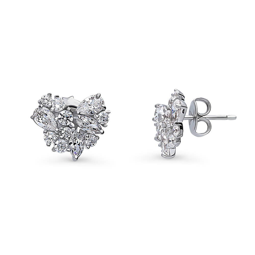 Cluster Heart CZ Stud Earrings in Sterling Silver