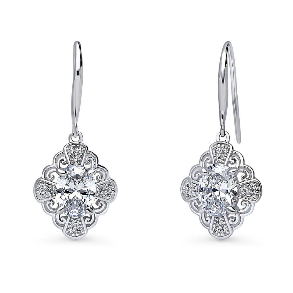 Halo Flower Oval CZ Fish Hook Dangle Earrings in Sterling Silver