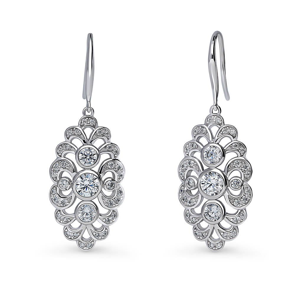 Navette Art Deco CZ Fish Hook Dangle Earrings in Sterling Silver