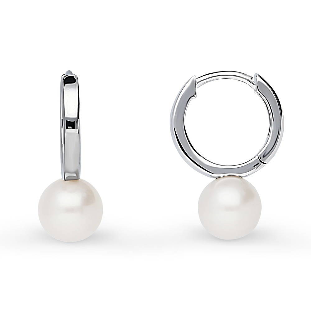 Solitaire Round Cultured Pearl Huggie Earrings in Sterling Silver 0.8"