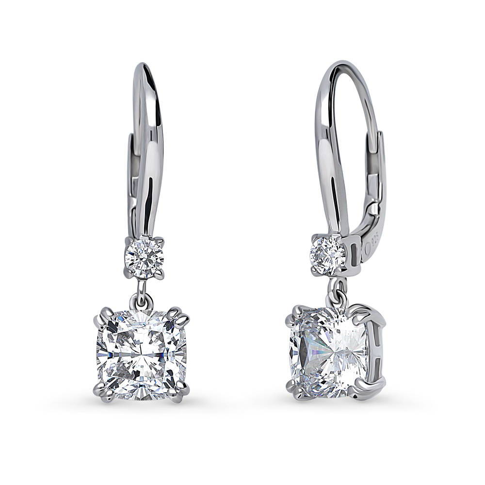 Solitaire 4ct Cushion CZ Leverback Dangle Earrings in Sterling Silver