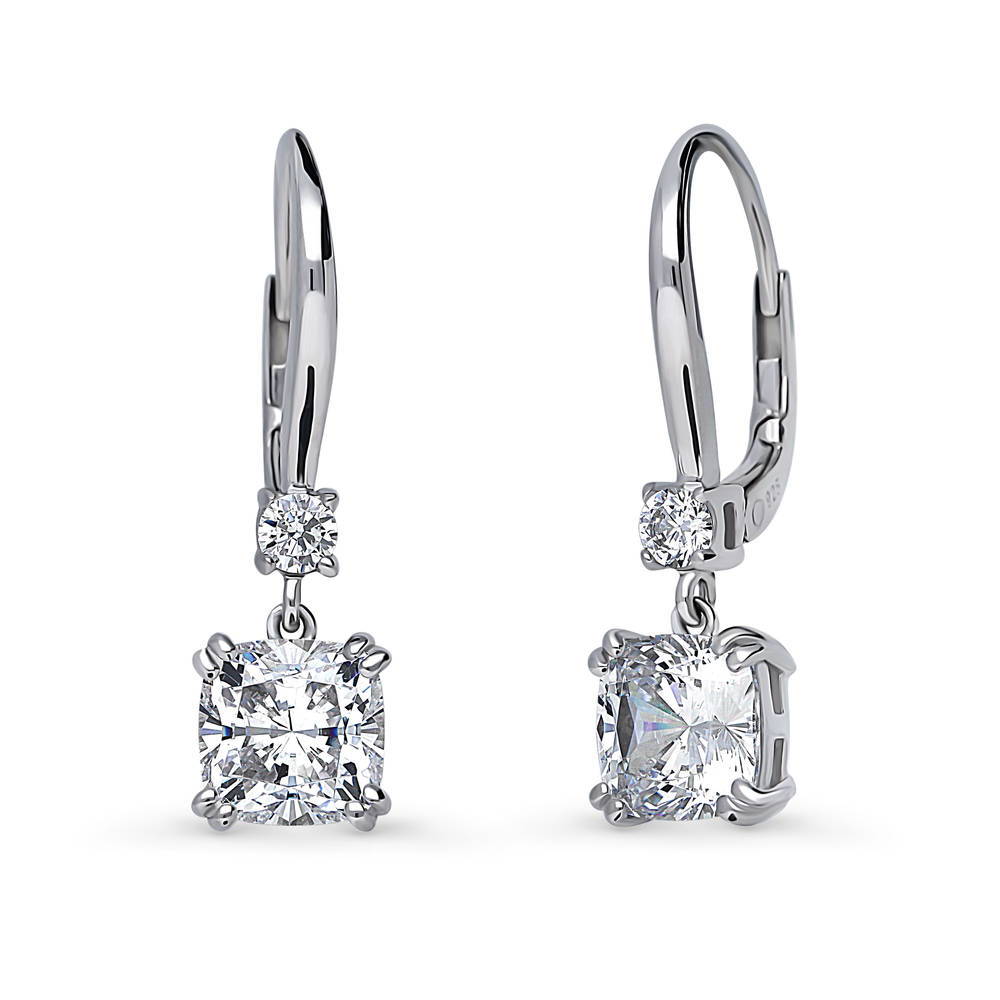 Solitaire 4ct Cushion CZ Leverback Dangle Earrings in Sterling Silver, 1 of 4