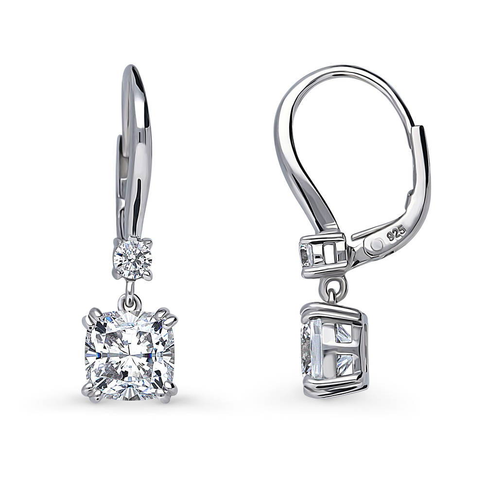 Solitaire 4ct Cushion CZ Leverback Dangle Earrings in Sterling Silver