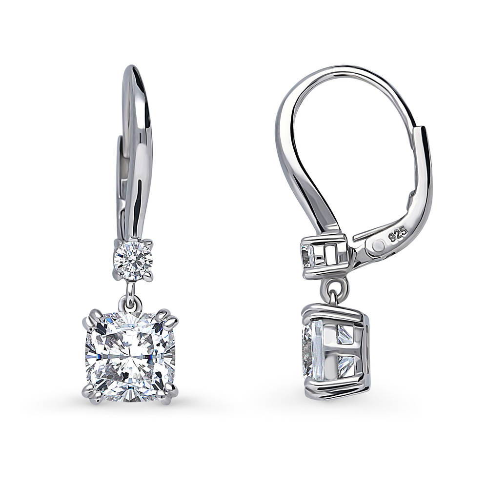 Front view of Solitaire 4ct Cushion CZ Leverback Dangle Earrings in Sterling Silver, 4 of 4