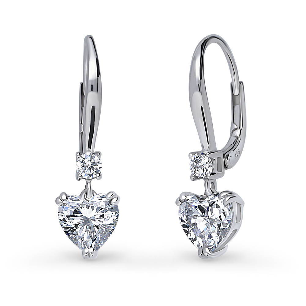 Solitaire 2.2ct Heart CZ Leverback Dangle Earrings in Sterling Silver