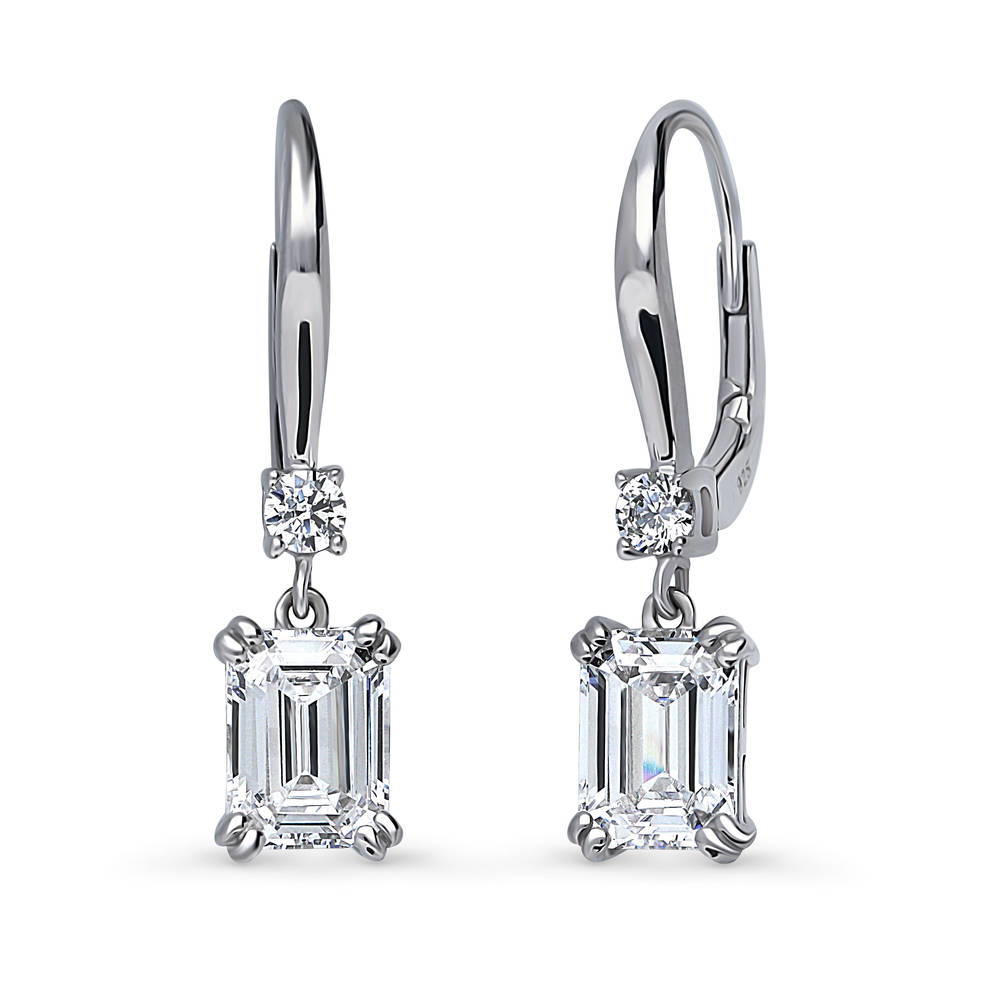 Solitaire 3.4ct Emerald Cut CZ Leverback Earrings in Sterling Silver