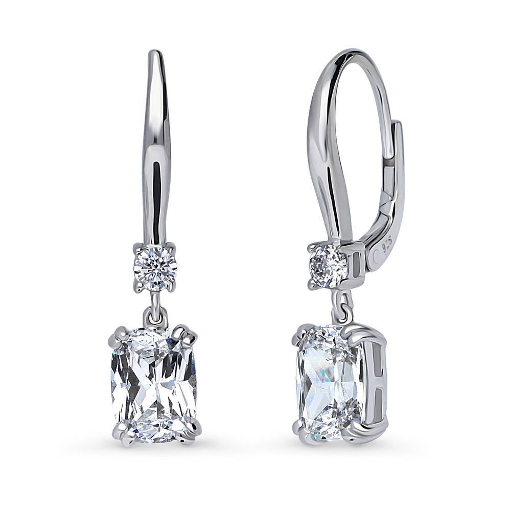 Solitaire 3.2ct Cushion CZ Leverback Dangle Earrings in Sterling Silver, 1 of 4