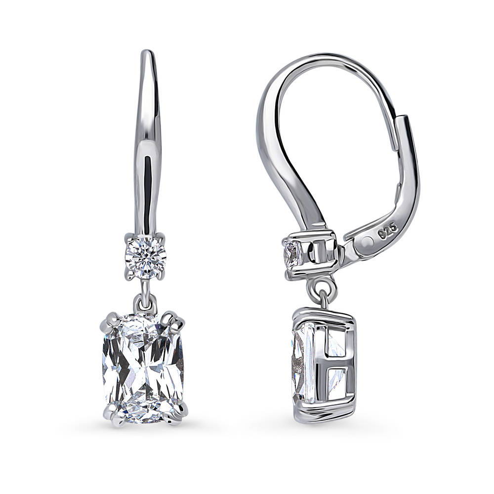Front view of Solitaire 3.2ct Cushion CZ Leverback Dangle Earrings in Sterling Silver, 4 of 4