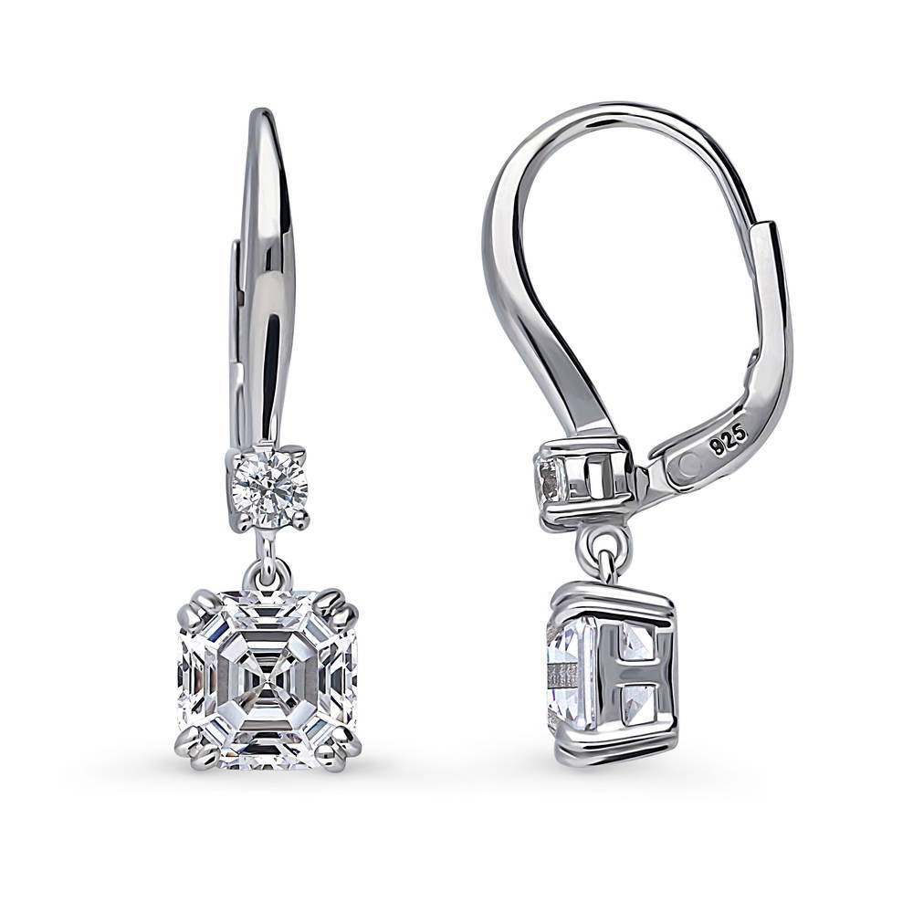 Front view of Solitaire 4ct Asscher CZ Leverback Dangle Earrings in Sterling Silver, 4 of 4