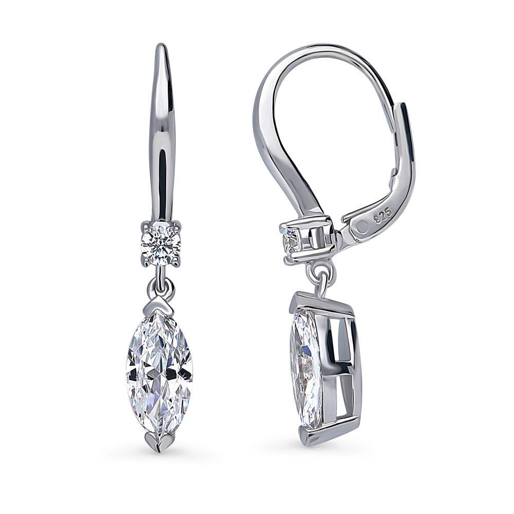 Solitaire 2ct Marquise CZ Leverback Dangle Earrings in Sterling Silver