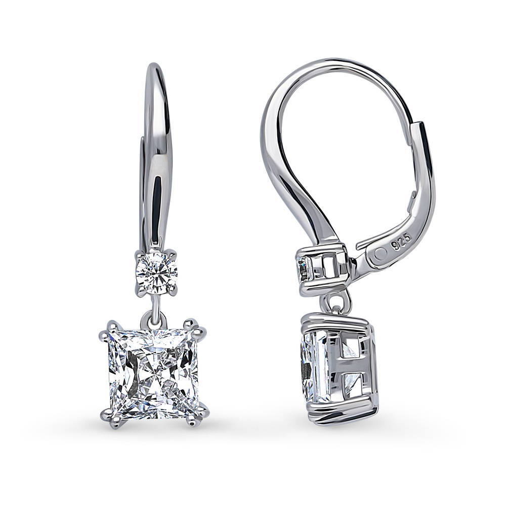 Solitaire 3.2ct Princess CZ Leverback Earrings in Sterling Silver