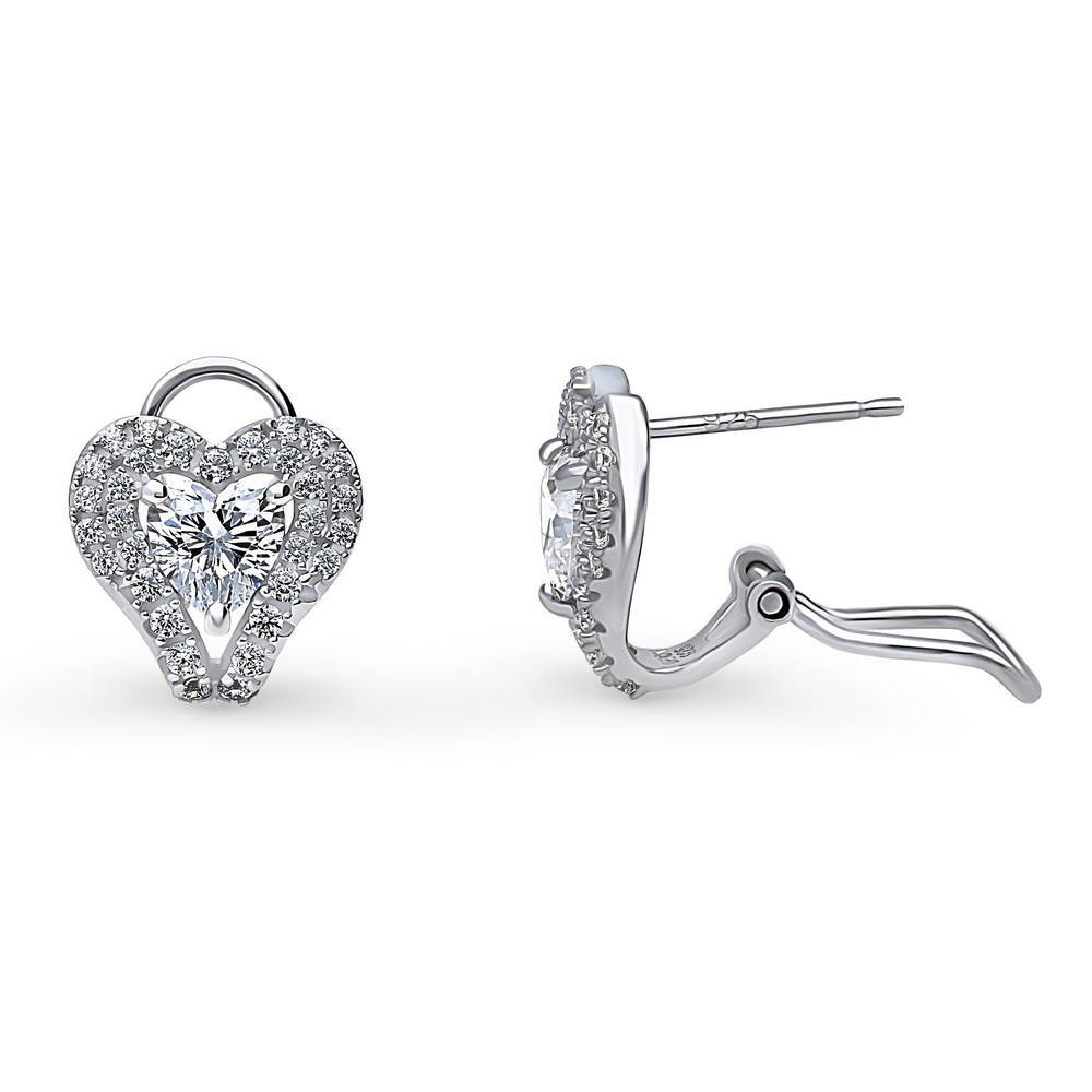 Heart Halo CZ Omega Back Stud Earrings in Sterling Silver