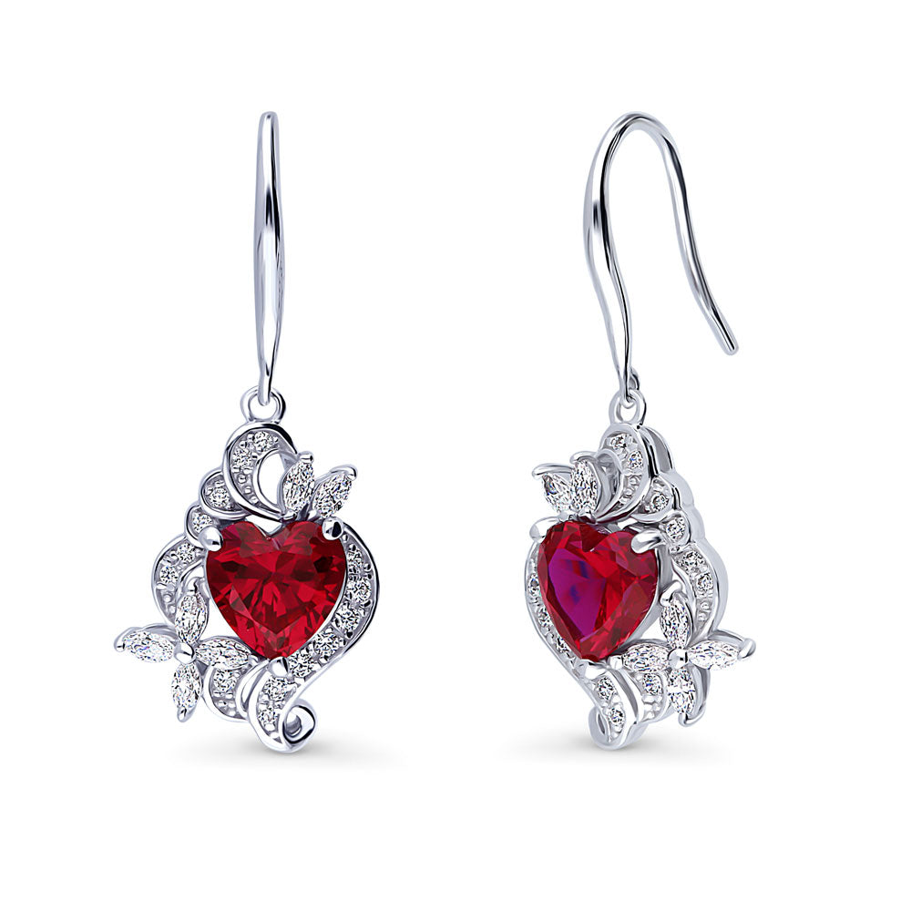 Heart Flower CZ Fish Hook Dangle Earrings in Sterling Silver