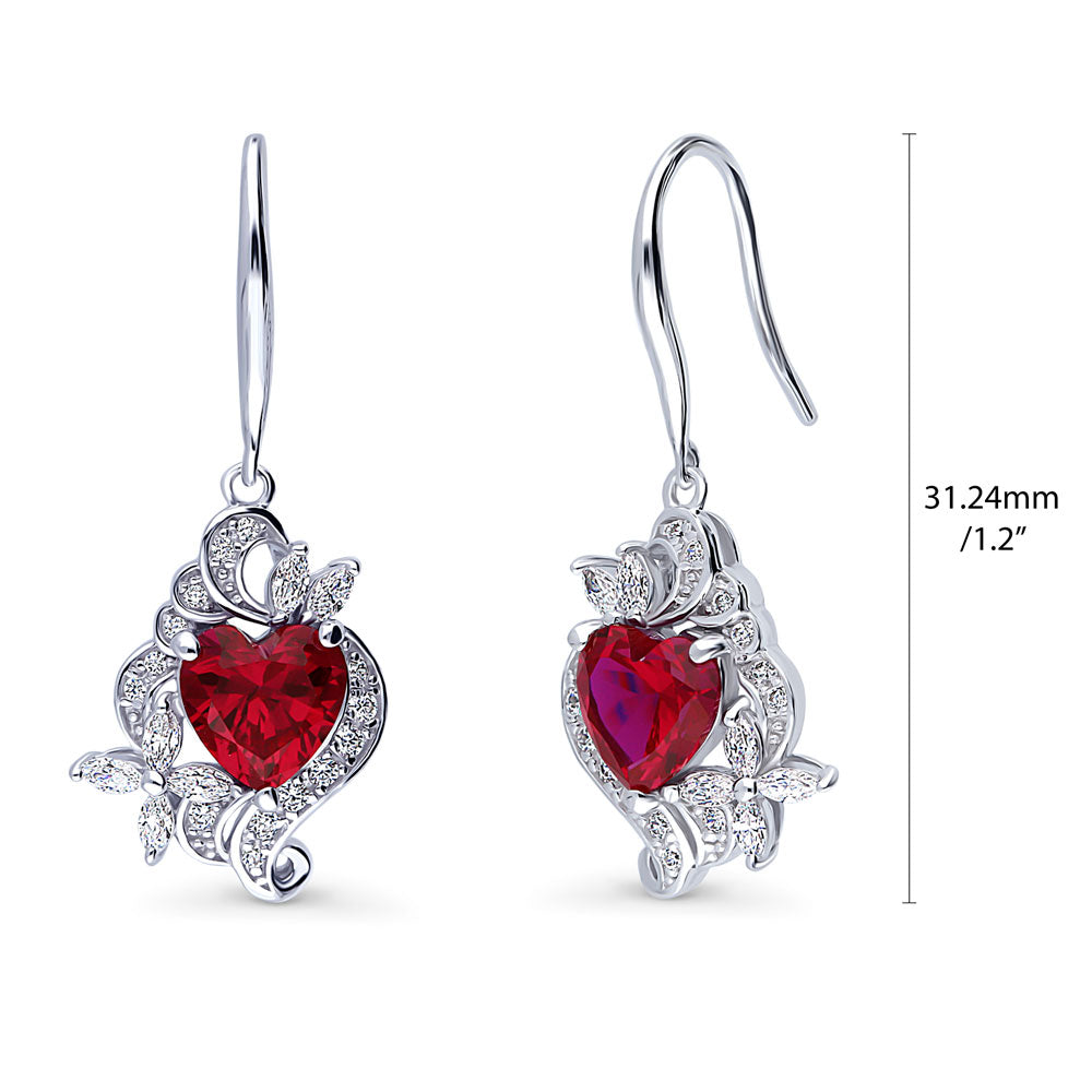 Heart Flower CZ Fish Hook Dangle Earrings in Sterling Silver