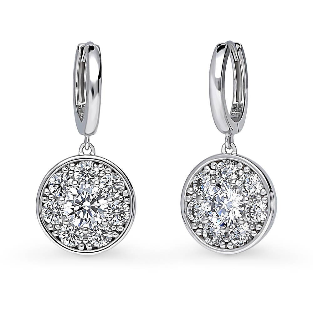 Flower Halo CZ Dangle Earrings in Sterling Silver