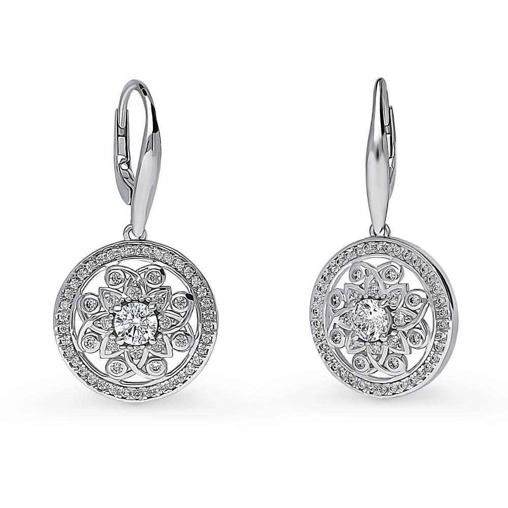 Flower Medallion CZ Leverback Dangle Earrings in Sterling Silver