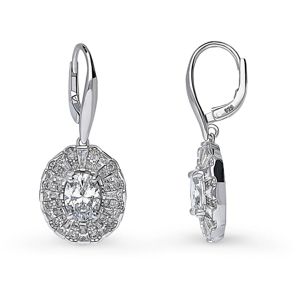 Front view of Halo Art Deco Oval CZ Necklace and Earrings Set in Sterling Silver, 7 of 9