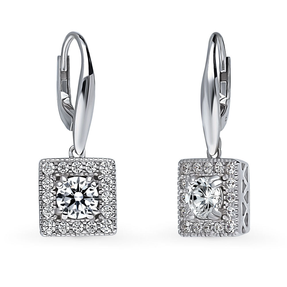 Halo Round CZ Leverback Dangle Earrings in Sterling Silver, 1 of 5