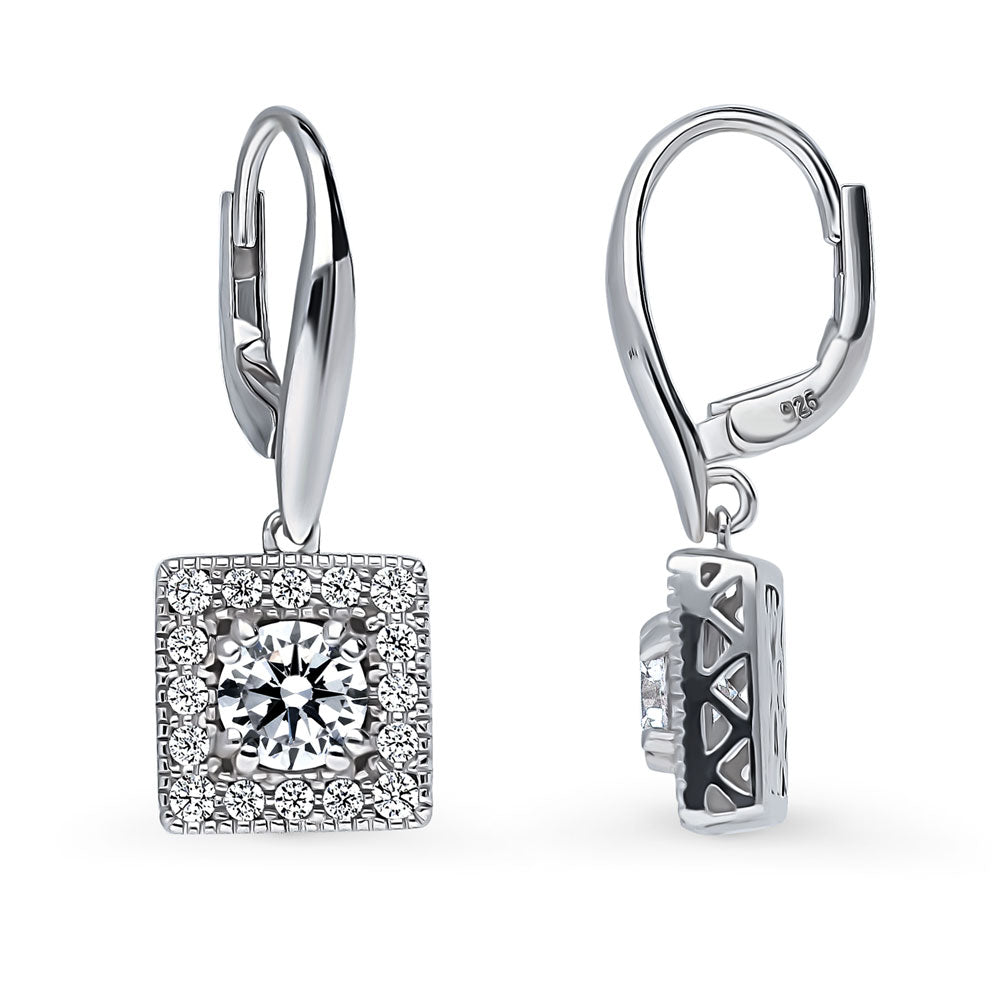 Front view of Halo Round CZ Leverback Dangle Earrings in Sterling Silver, 4 of 5