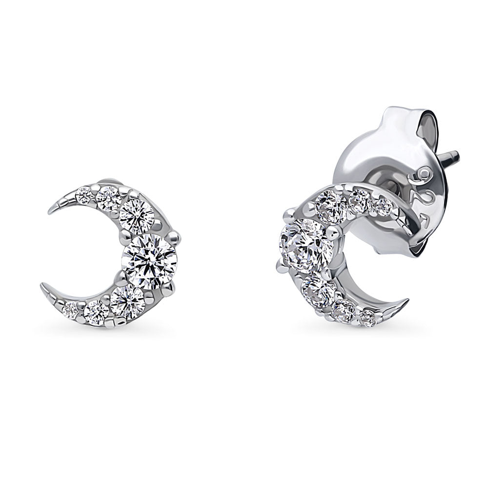 Crescent Moon CZ Stud Earrings in Sterling Silver