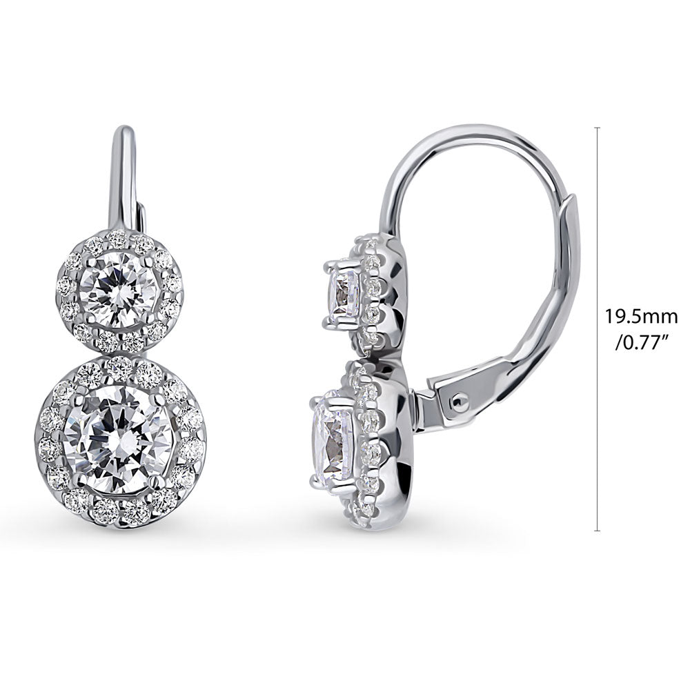 Halo 2-Stone Round CZ Leverback Dangle Earrings in Sterling Silver