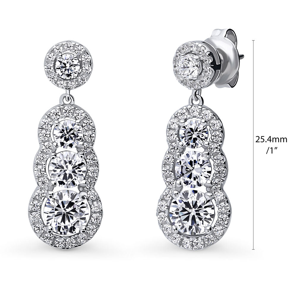 Front view of Graduated Halo CZ Dangle Earrings in Sterling Silver, 4 of 6