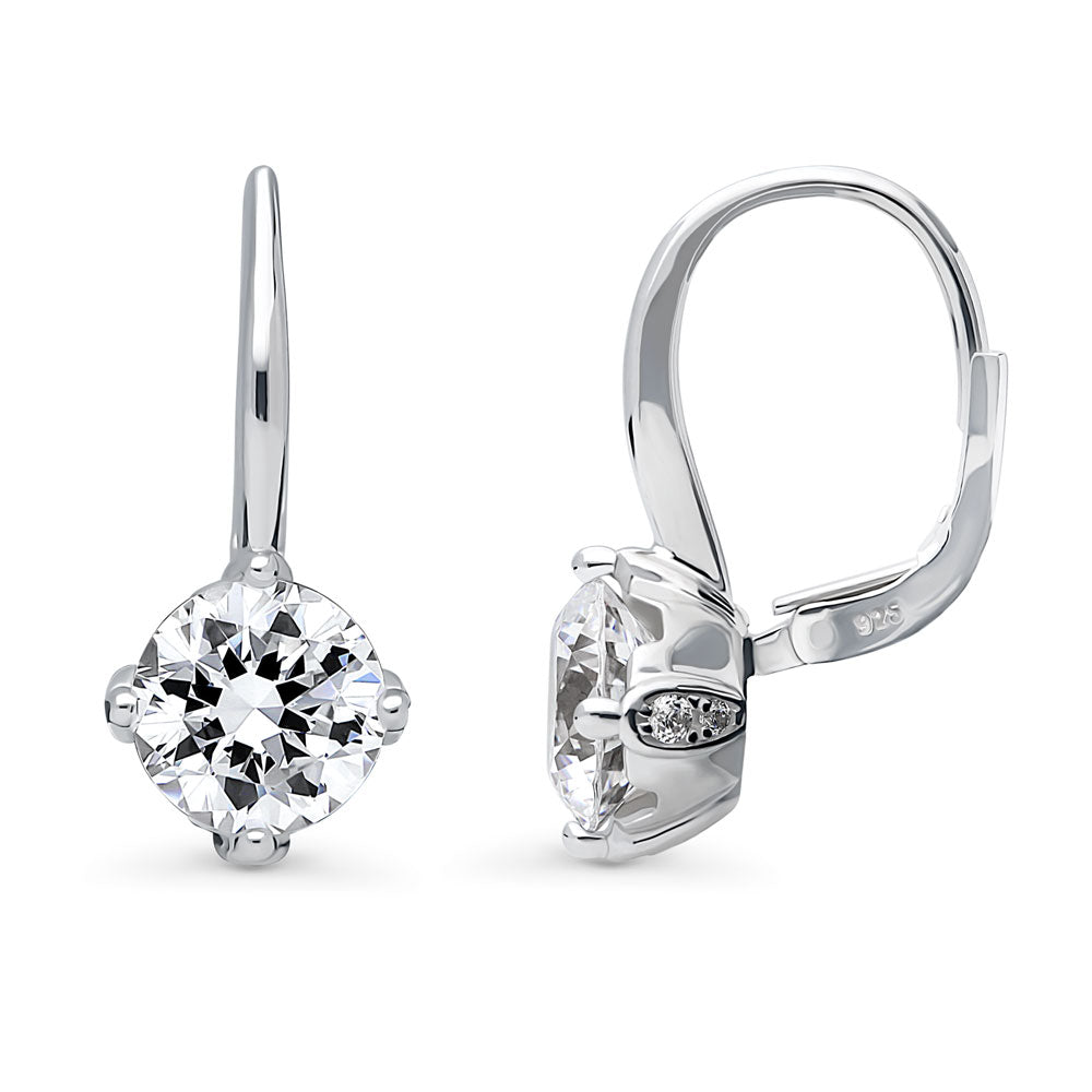 Solitaire 4ct Round CZ Leverback Dangle Earrings in Sterling Silver