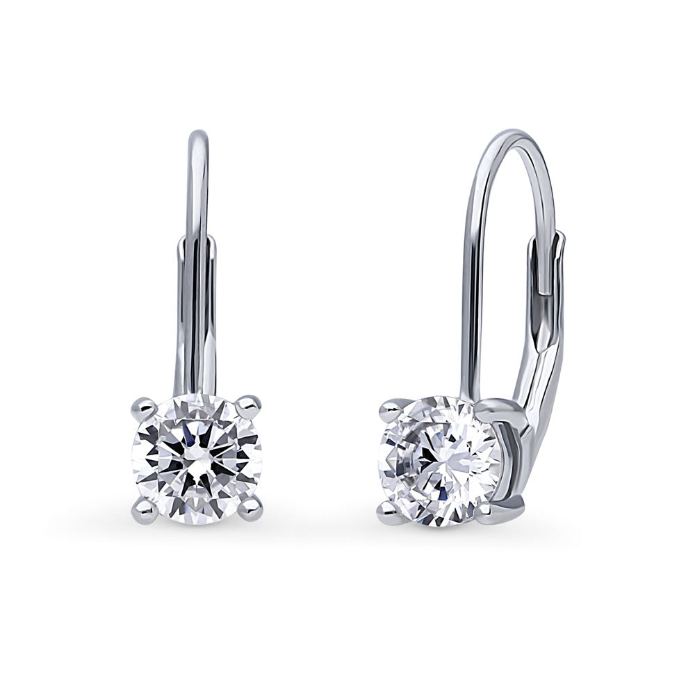 Solitaire Round CZ Leverback Dangle Earrings in Sterling Silver