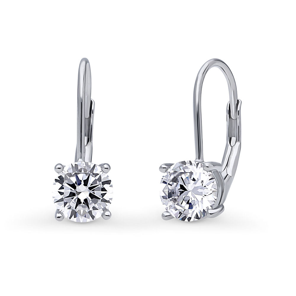 Solitaire Round CZ Leverback Dangle Earrings in Sterling Silver