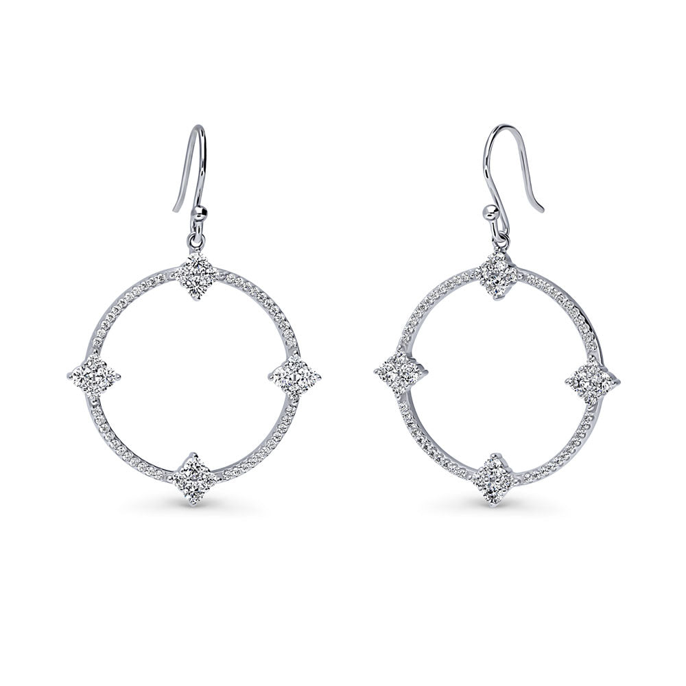 Open Circle Flower CZ Fish Hook Dangle Earrings in Sterling Silver