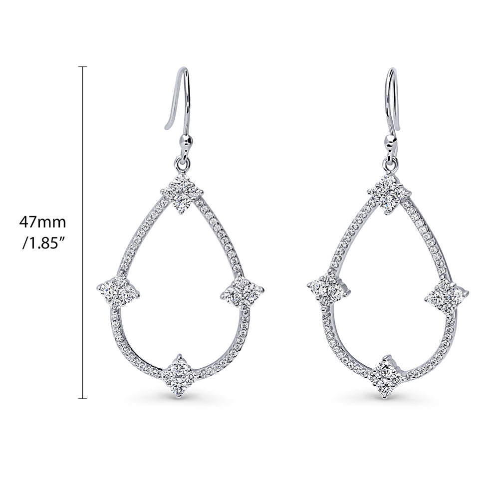 Flower Teardrop CZ Fish Hook Dangle Earrings in Sterling Silver