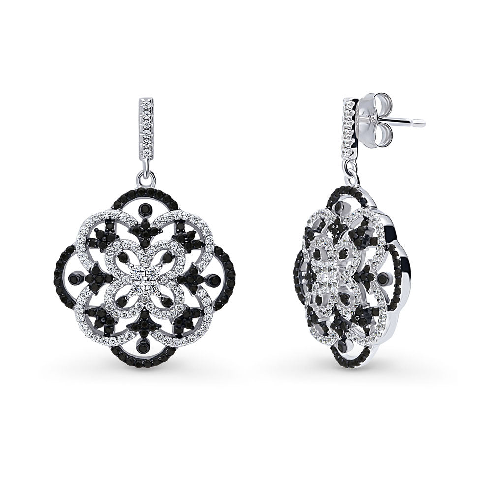 Flower Black and White CZ Statement Dangle Earrings in Sterling Silver