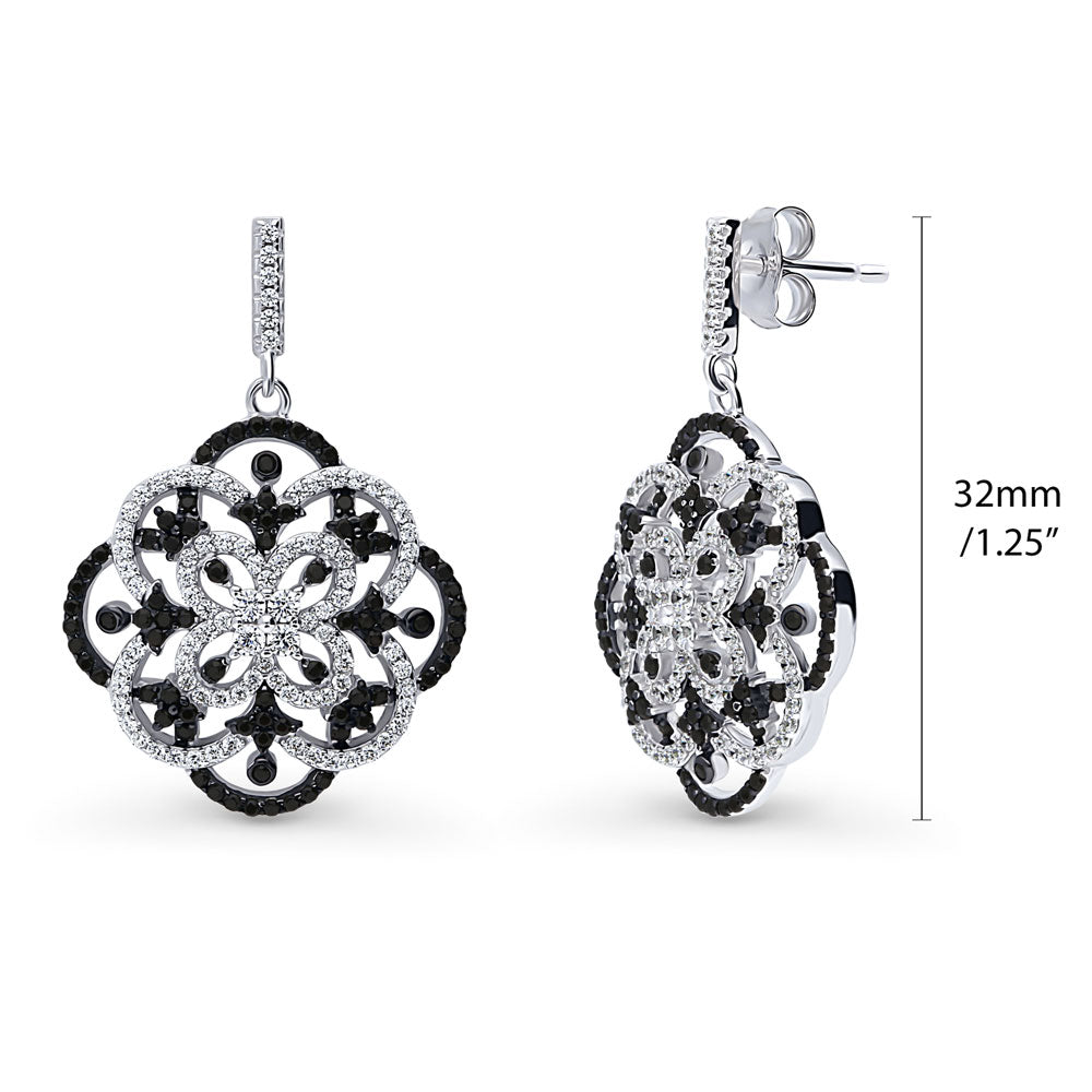 Flower Black and White CZ Statement Dangle Earrings in Sterling Silver