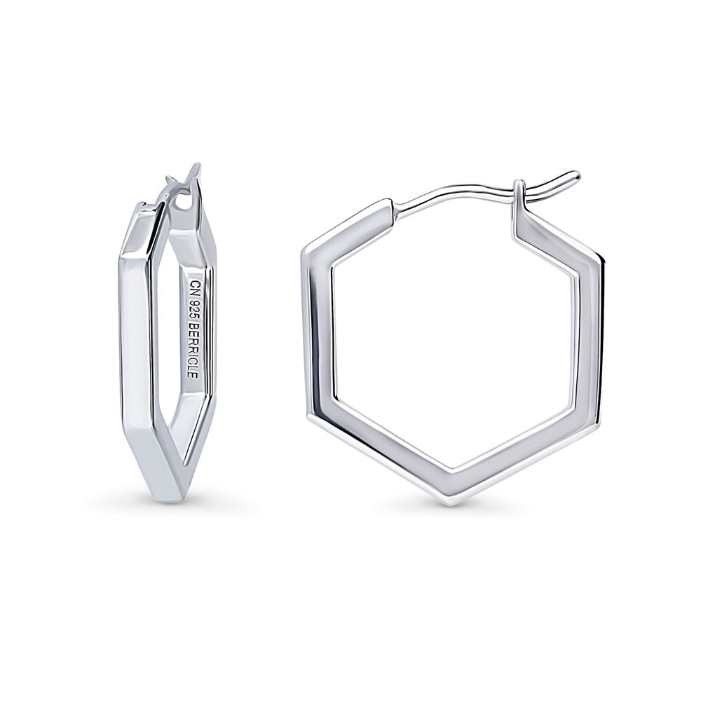 Hexagon Medium Hoop Earrings in Sterling Silver 0.79"